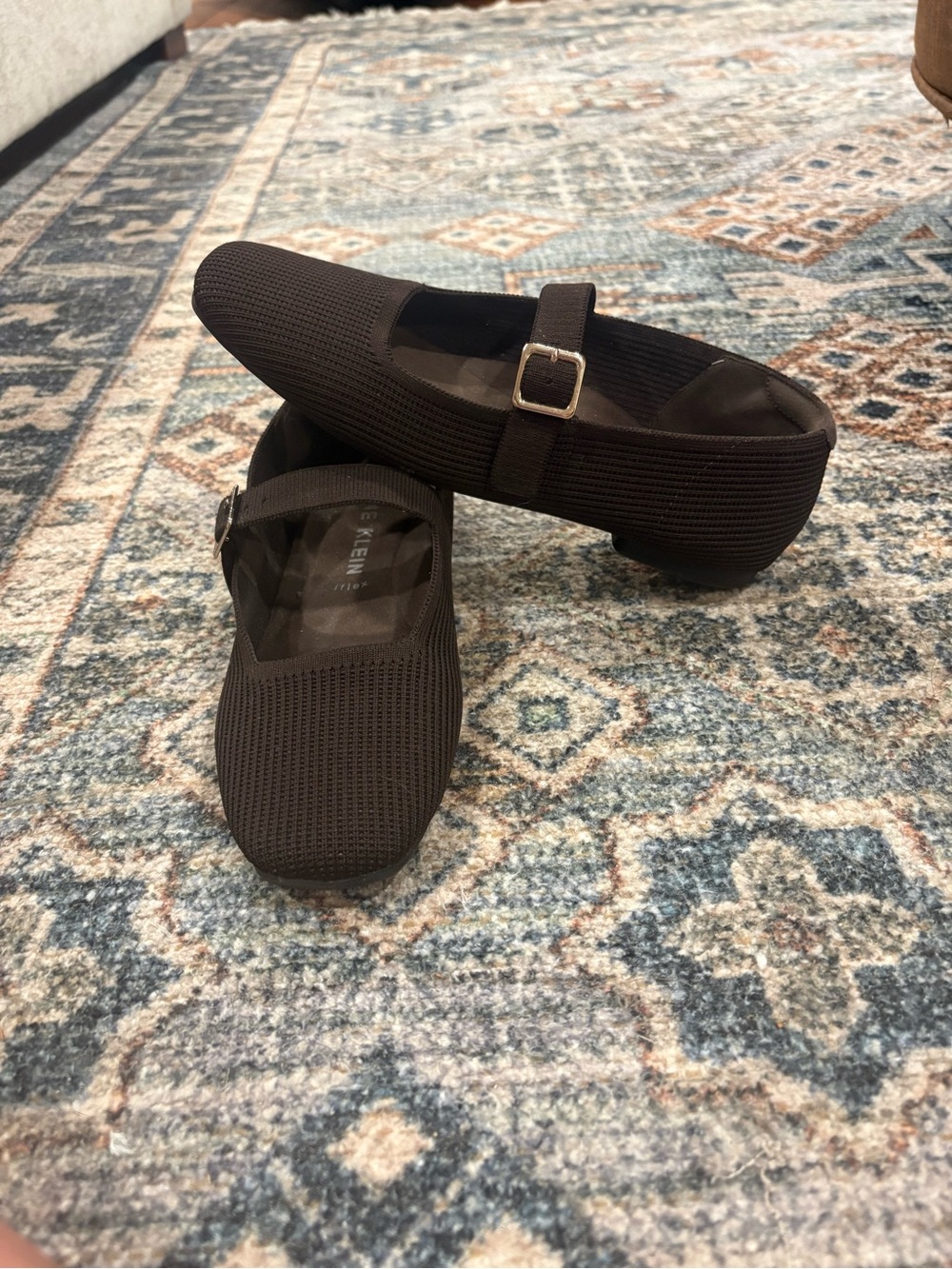 Anne Klein Brown Knit Mary Jane Flats with Strap - Picture 2 of 4